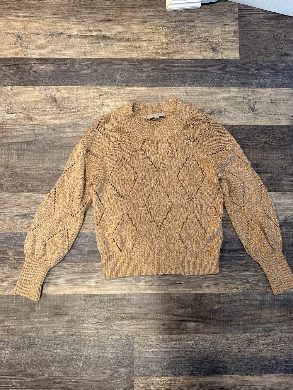 LOFT Tan Crochet Diamond Crewneck Sweater